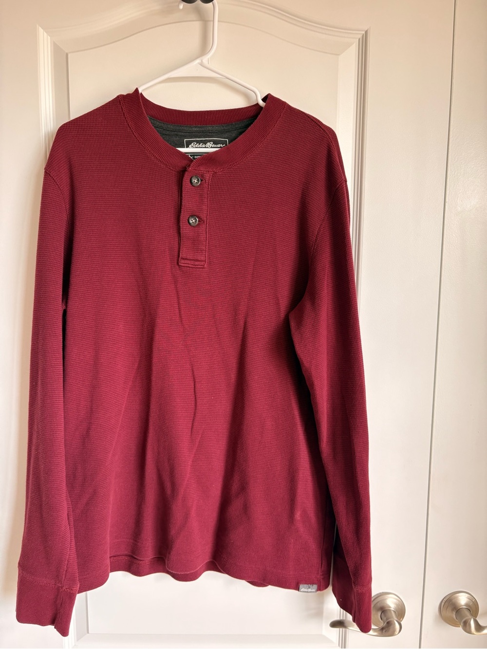 Eddie Bauer Gray and Burgundy Ribbed Collar Henley